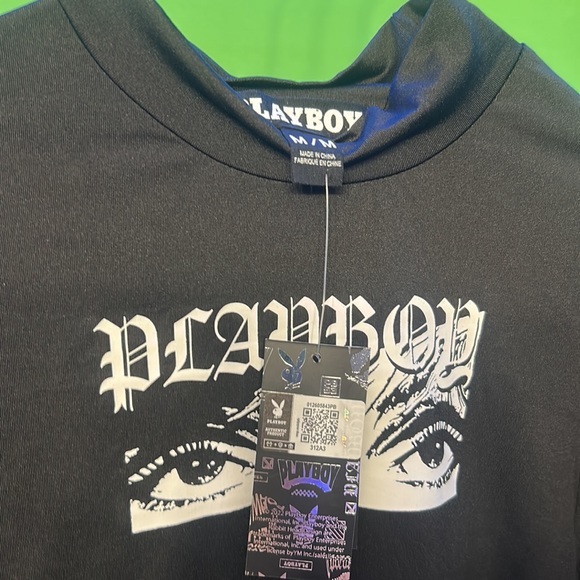 Brand NEW Black cropped Playboy Eyes Graphic Long Sleeve Bustier Top new shirt - Picture 6 of 7